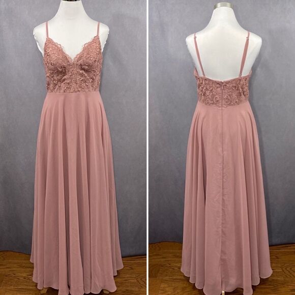 A-Line Lace Chiffon Bridesmaid Wedding Dress Dusty Rose - Picture 11 of 13